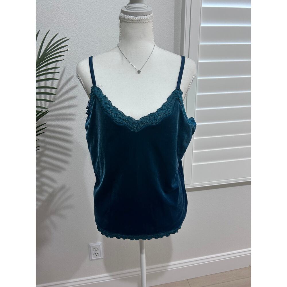 Coldwater Creek Green Velour Tank Top Size Large Lace Trim